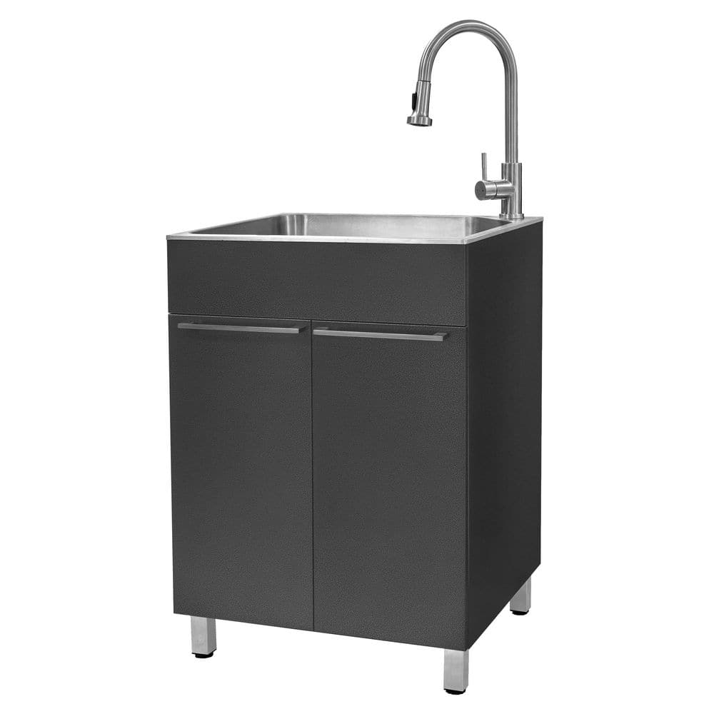 Gray Stainless Steel Drop-In Utility Sink with Faucet and Cabinet