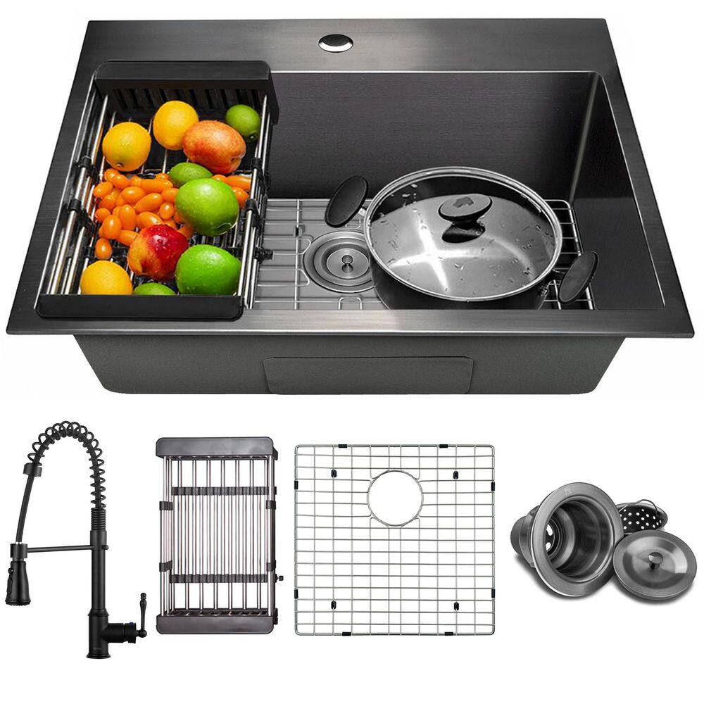 All-in-One Matte Black Finished Stainless Steel 25 in. x 22 in. Drop-In Single Bowl Kitchen Sink with Spring Neck Faucet price history