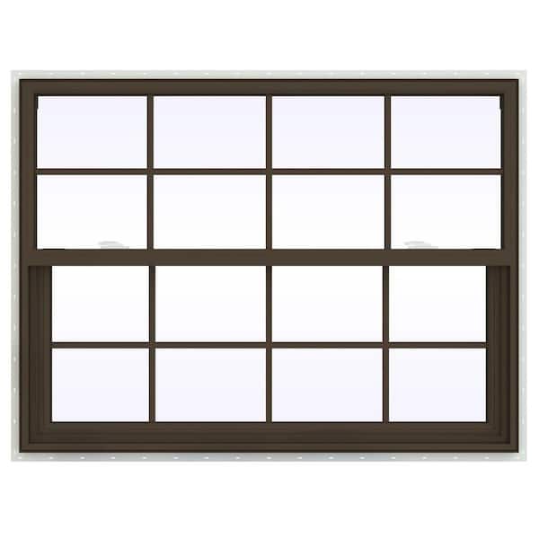 JELD-WEN 47.5 in. x 35.5 in. V-2500 Series Brown Painted Vinyl Single Hung Window with Colonial Grids/Grilles