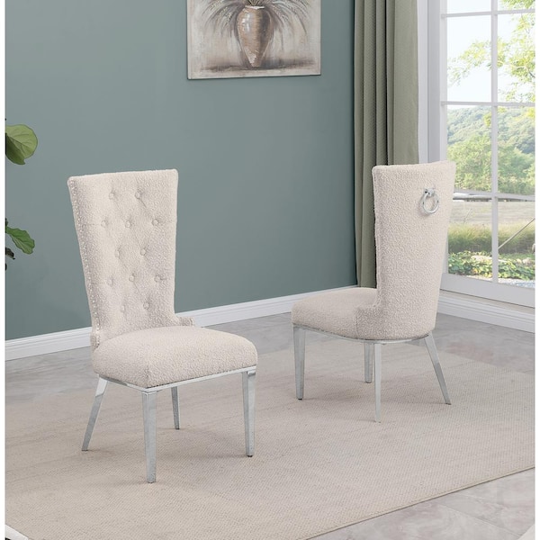 Best Quality Furniture Shirley Cream Boucle Fabric Side Chair Set of 2 with Stainless Steel Legs