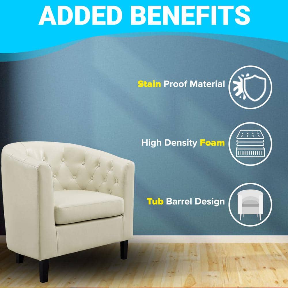 Cream Faux Leather Barrel Accent Chair with Rolled Arms