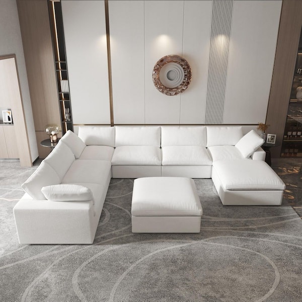 157.3 in. Square Arm 6-piece Linen Polyester Deep Seat Modular Storage Sectional Sofa with Ottoman in. White