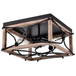 Catona 12 in. 2-Light Indoor Matte Black and Faux Wood Grain Semi-Flush Mount Ceiling Light with Light Kit