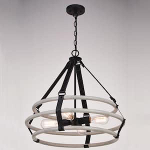 Taylor 4-Light Black and Ash Gray Drum Cage Industrial Pendant Light with Fabric Straps