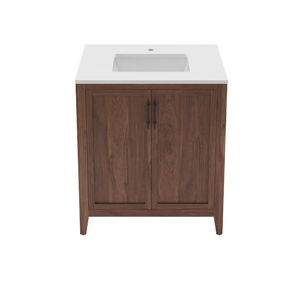 Silas 30 in. Single Sink Freestanding Bath Vanity with White Quartz Top and Ceramic Sink in Warm Walnut