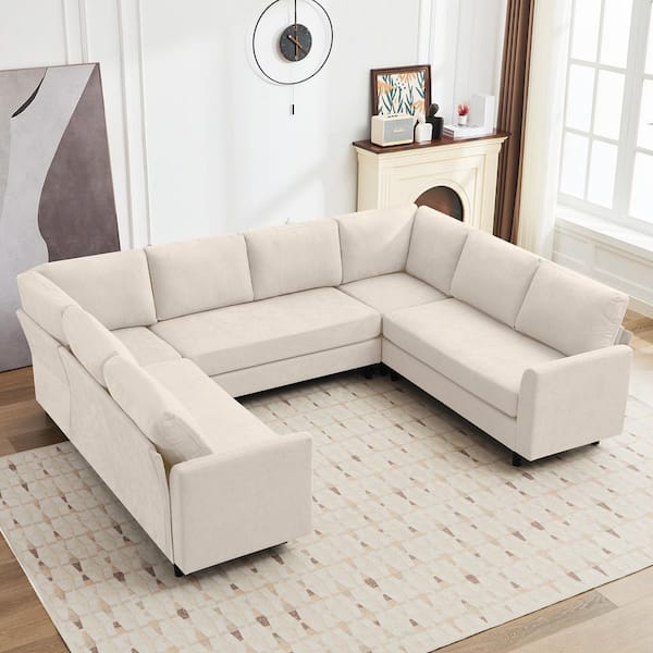 Jearey 107.3 in.Width Oversized U Shaped Beige Arm Linen Sectional Sofa Couch, Large 8-Seater sofa,Breathable Soft Fabric