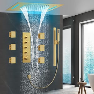 LED 15-Spray 23 x 15 in. Dual Ceiling Mount Fixed and Handheld Shower Head Thermostatic Valve in Brushed Gold
