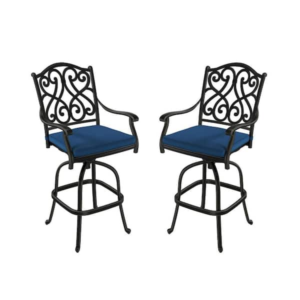 Black Cast Aluminum Bar Height Swivel Outdoor Dining Chair with Navy Blue Cushions (2-Pack)