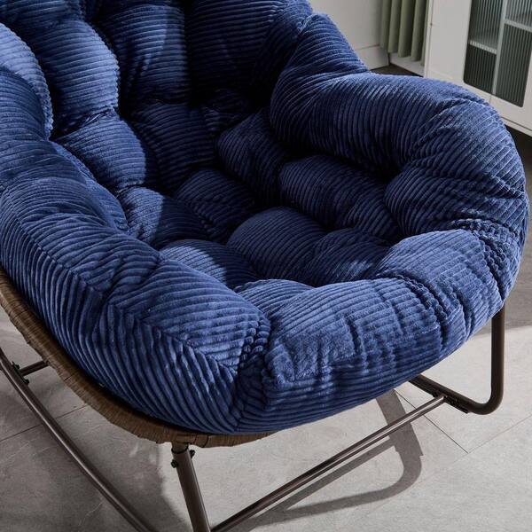 Wicker Outdoor Rocking Chair with Navy Blue Cushion, Rattan