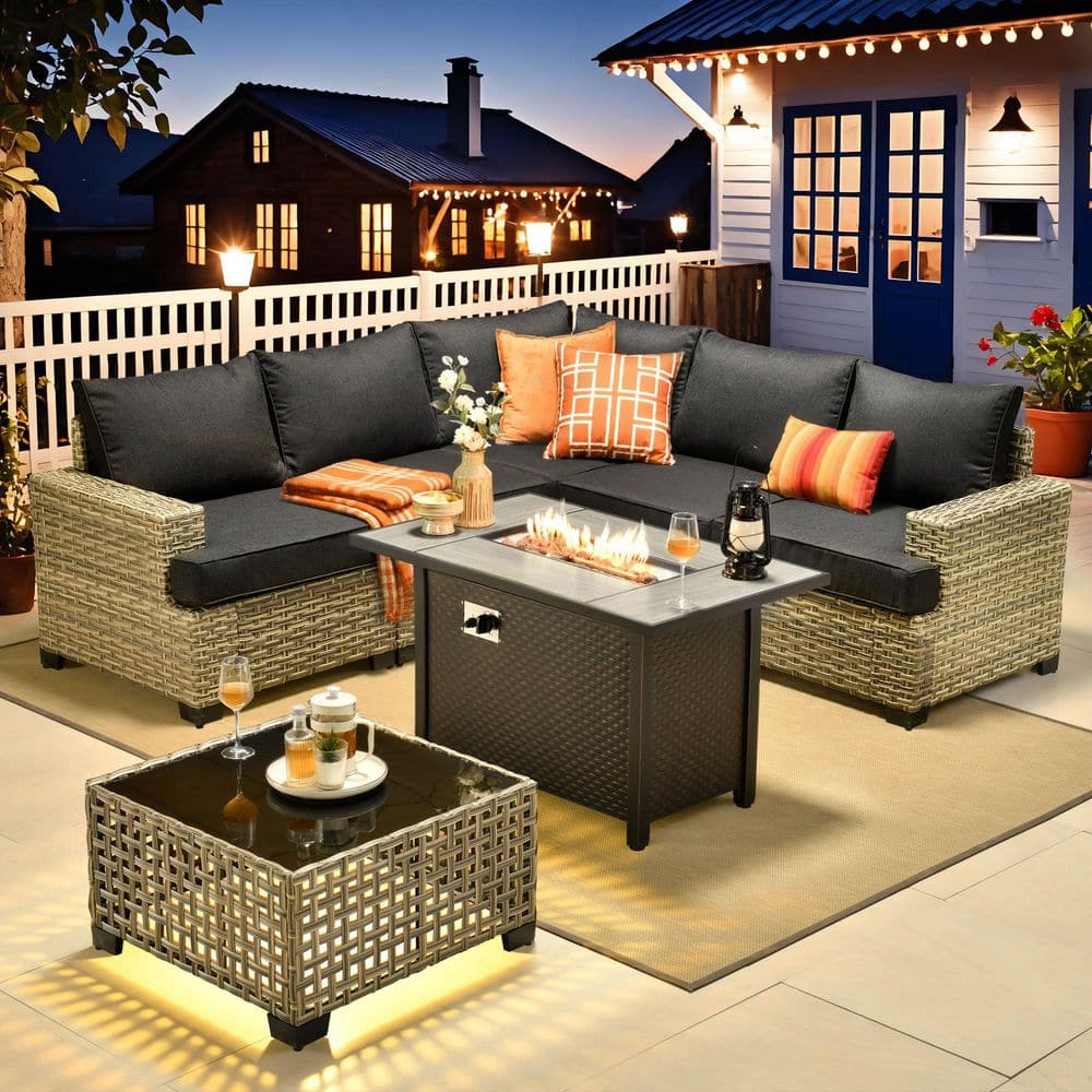 Arcadia 7 Pieces Wicker Outdoor Patio Rectangular Fire Pit Set with Black Cushions price history on PriceWatchPro