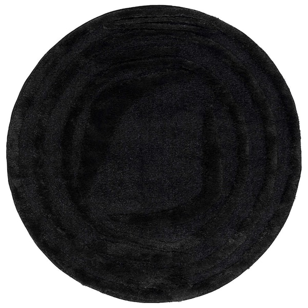 Hi-Lo Shag 3 ft. x 3 ft. Black Swirl High-Low Round Area Rug