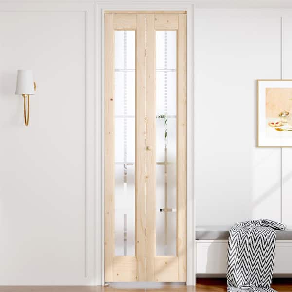 24 in. x 80 in. 3/4 Lite Frosted Glass Solid Core Brown Wood Bi-fold Door with Hardware