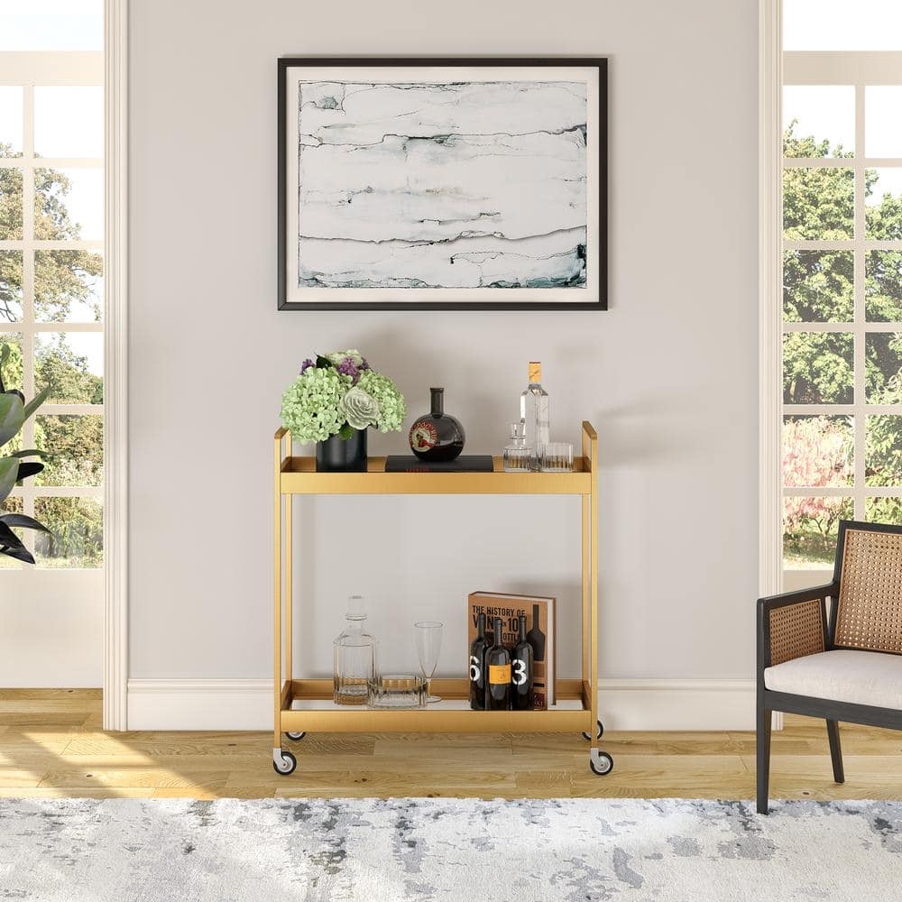 Glamourous Brass Finish Rectangular Bar Cart with Glass Shelves