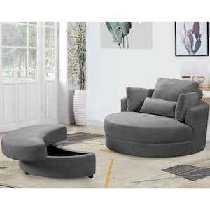 Dark Gray Linen Big Round Swivel Accent Barrel Chair with Storage Ottoman and Pillows