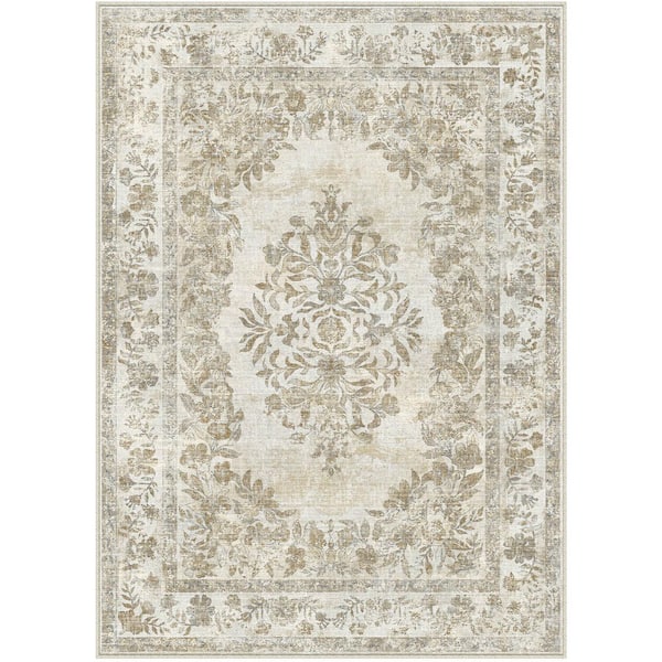 HaiiMeid Kamuri Taupe 8 ft. x 10 ft. Vintage Washable Medallion Distressed Area Rug