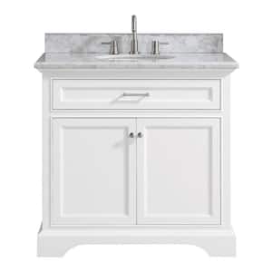 Windlowe 37 in. W x 22 in. D x 35 in. H Bath Vanity in White with Carrera Marble Vanity Top in White with White Sink