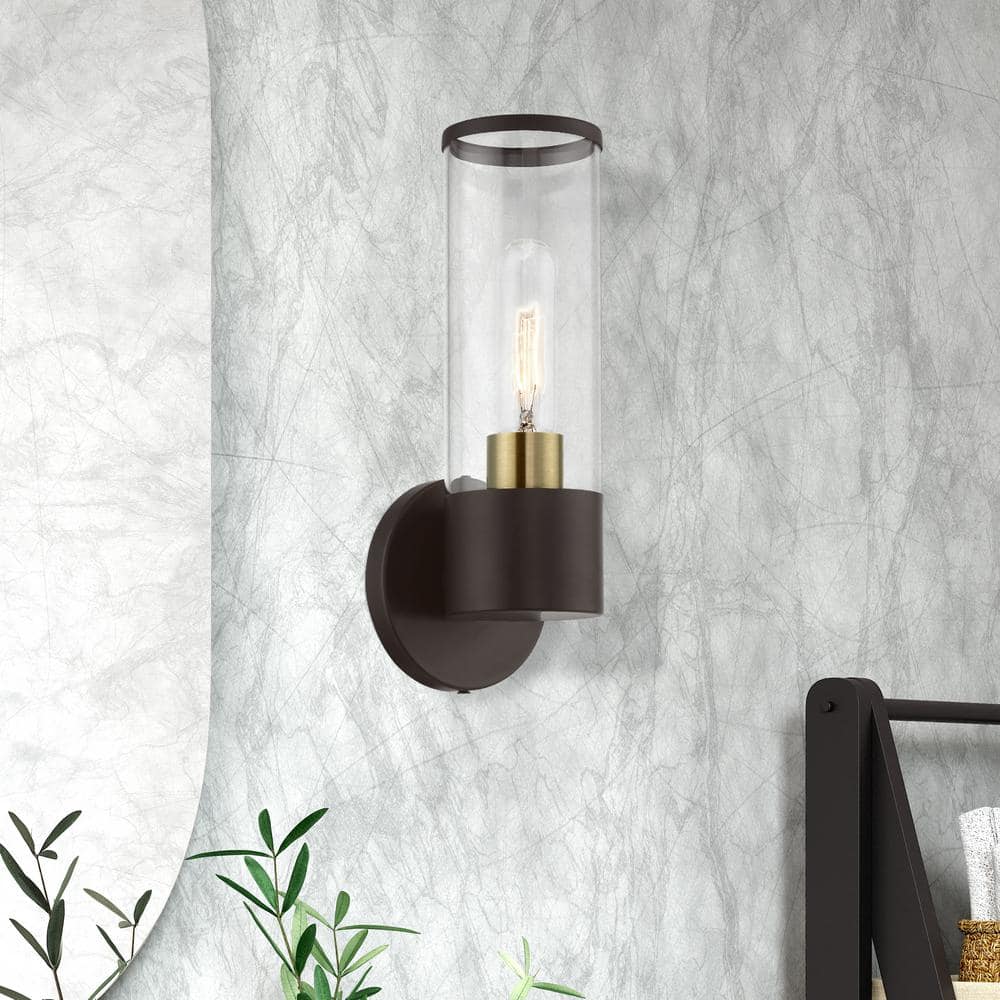 Antique Brass and Bronze Dimmable Wall Sconce with Clear Glass Shade