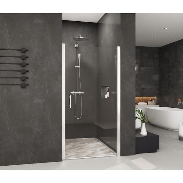Unbranded 34 in. W x 72 in. H Pivot Semi-Frameless Shower Door in Chrome with Tempered Glass