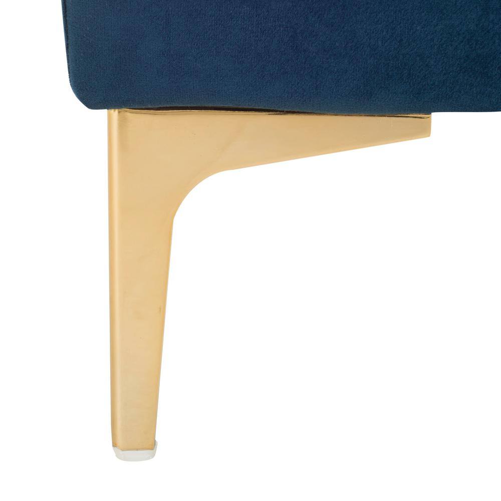Transitional Navy Velvet Tufted Bench with Brass Legs