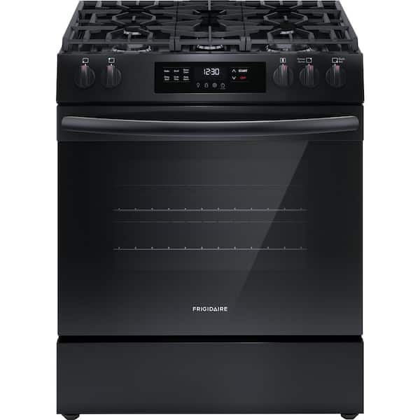 Frigidaire 30 in. 5 Burner Slide in Front Control Gas Range with Steam Clean in Black