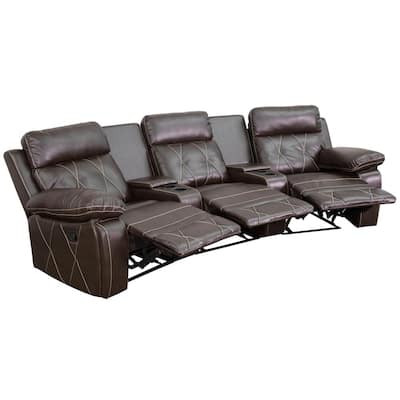 Reel Comfort Series 3-Seat Reclining Brown Leather Theater Seating Unit with Curved Cup Holders