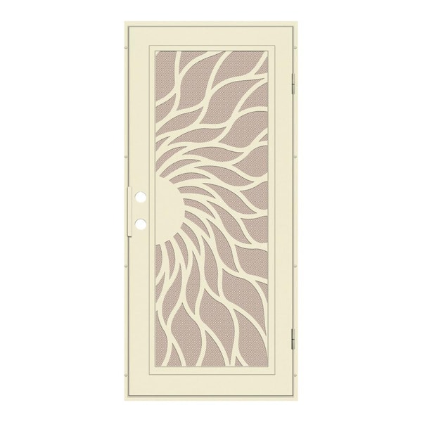 Unique Home Designs Sunfire 30 in. x 80 in. Left Hand/Outswing Beige Aluminum Security Door with Desert Sand Perforated Metal Screen