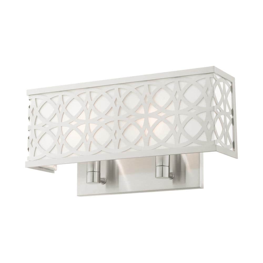 Brushed Nickel 2-Light Wall Sconce with Off-White Shade