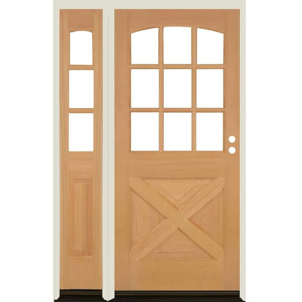 Krosswood Doors 50 in. x 80 in. Farmhouse X Panel LH 1/2 Lite Clear Glass Unfinished Hemlock Prehung Front Door with LSL