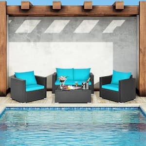 Black 4-Pieces Wicker Patio Rattan Conversation Set Sectional Sofa and Coffee Table with Blue Cushions