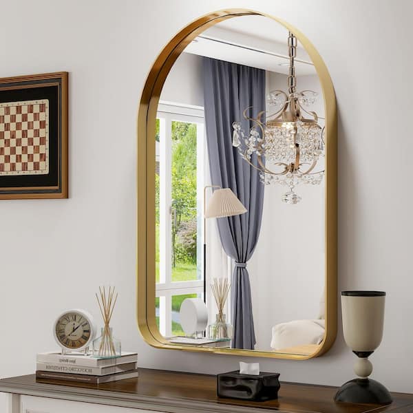 Morden Gold 26 in. W x 38 in. H Arched Aluminum Alloy Frame Vanity Wall Mirror