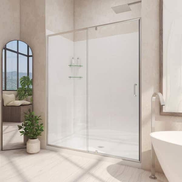 DreamLine 36 in. D x 48 in. W x 78 3/4 in. H Pivot Semi-Frameless Shower Door Base and White Wall Kit in Brushed Nickel