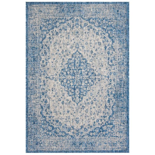 Courtyard Blue/Gray 8 ft. x 10 ft. Medallion Border Indoor/Outdoor Area Rug