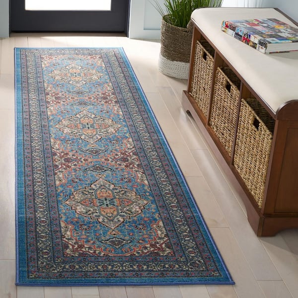 Journey Blue/Ivory 2 ft. x 8 ft. Machine Washable Medallion Ornate Runner Rug