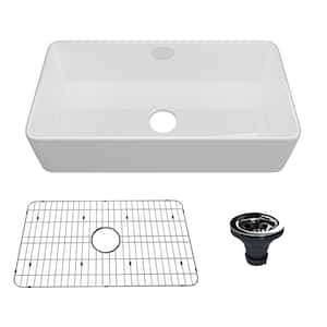 36 in. Farmhouse Apron Front Single Bowl White Fireclay Kitchen Sink with Draining Grid