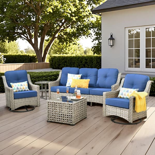 Blanche 5-Piece Wicker Patio Conversation Seating Sofa Set with Navy Blue Cushions and Swivel Rocking Chairs