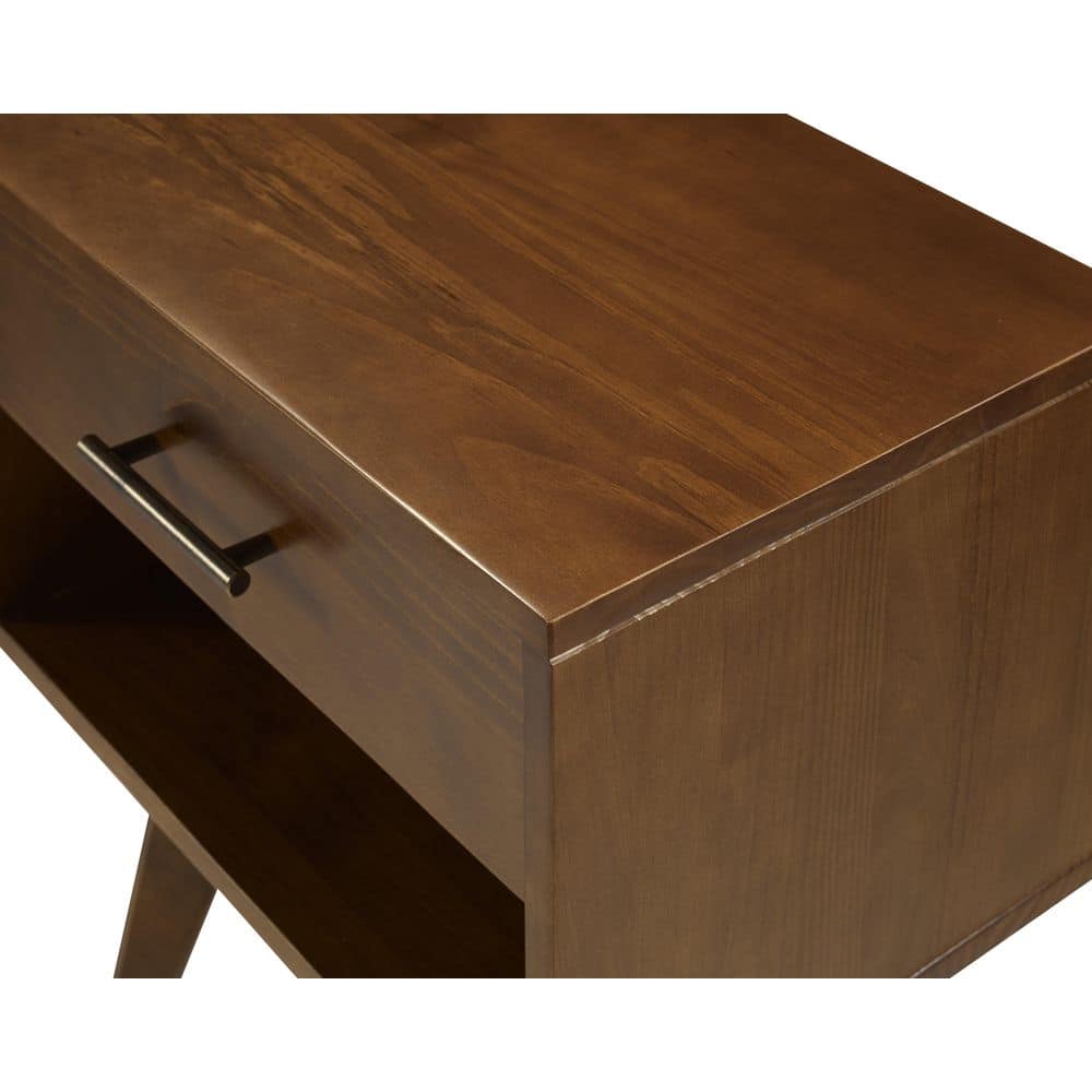 Mid Century Modern Solid Wood Nightstand with Drawer in Castanho Finish