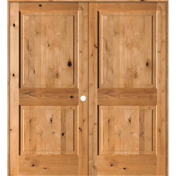 Krosswood Doors 64 in. x 80 in. Rustic Knotty Alder 2-Panel Left-Handed Clear Stain Wood Double Prehung Interior Door with Square-Top