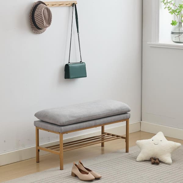 Noble House Ernest Gray Modern Polyester Upholstered Shoe Storage Bench with Metal Legs