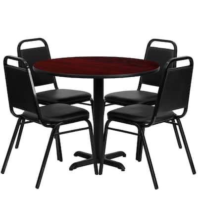5-Piece Mahogany Top/Black Vinyl Seat Table and Chair Set