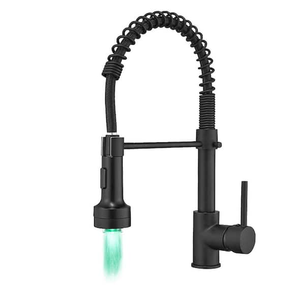 Single-Handle Spring Spout Pull Out Sprayer Kitchen Faucet with LED Light in Matte Black