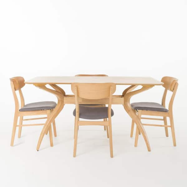 Noble House Lucious 5-Piece Dark Grey Fabric and Natural Oak Dining Set