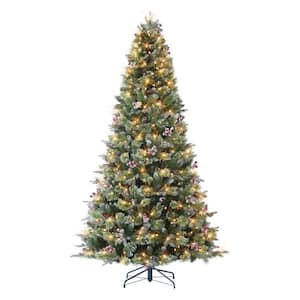 7.5 ft. Pre-Lit Frosted Berry Spruce PE/PVC Artificial Christmas Tree, 1586 Tips Sure-Lit Pole 500 Warm White LED Lights