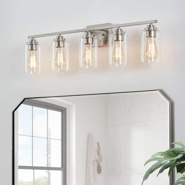 35 in. 5-Light Brushed Nickel Vanity Light with Clear Glass Shade
