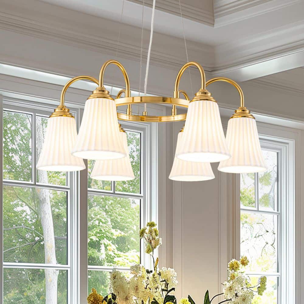 25 in. 6-Light Mid-Century Modern Gold Chandelier with Ceramic Striped Shades for Dining Room price history on PriceWatchPro