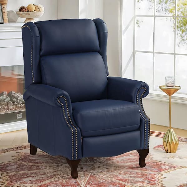 Bald Navy Genuine Leather 28 in. Mid Century Push Back Recliner with Nailhead Trim and Non-Slip Pads