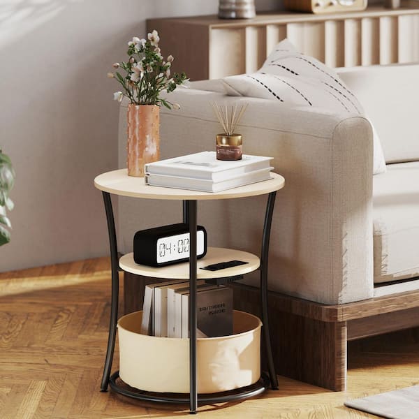 19.5in Natural Wood Round Side Table with Charging Station, 3 Tier Particle Board End Table and Fabric Storage Bag