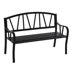 22" 2-Person Black Metal Outdoor Bench with Comfort Armrests