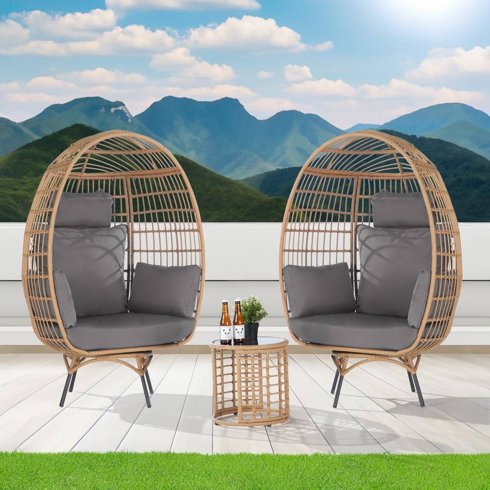 3-Piece Patio Wicker Swivel Outdoor Bistro Set with Side Table, Oversized E