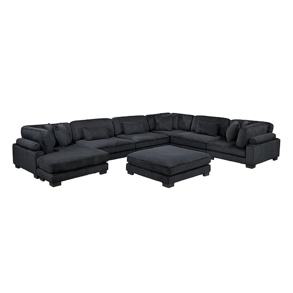 Turbo 135 in. Pillow Top Arm 7-Piece Corduroy Fabric Modular Sectional Sofa in. Black with Reversible Chaise and Ottoman