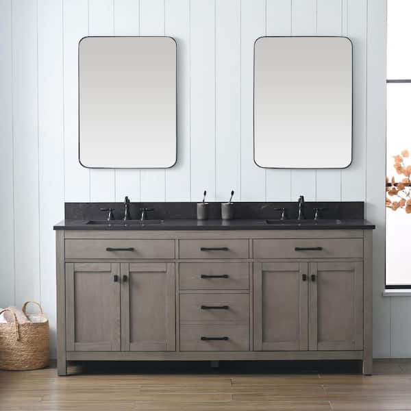 SUDIO Jasper 72 in. W x 22 in. D x 34 in. H Bath Vanity in Textured Gray with Blue Limestone Top with White Sinks